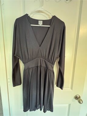 H by Halston Charcoal Gray V-Neck Empire Waist Long Sleeve Dress